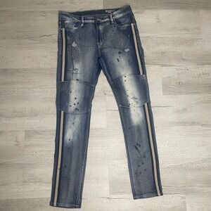 Southpole Mens Skinny Jeans 34x32 Distressed Blue Side Stripe Paint Splatter